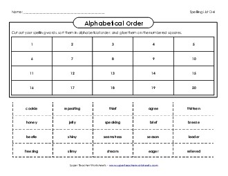 ABC Order: Cut and Glue (D-4) Spelling D Worksheet