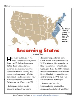 New Becoming States Reading Comprehension Worksheet