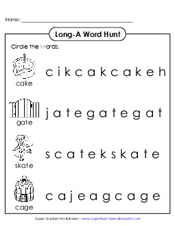 Long A: Horizontal Word Hunt (Illustrated) Phonics Long Short A Worksheet