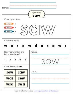 Saw (Sight Word) Sight Words Individual Worksheet