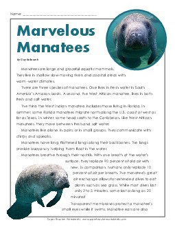 Marvelous Manatees  6th Grade Reading Comprehension Worksheet