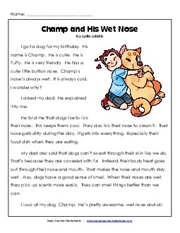 Champ\'s Wet Nose 2nd Grade Reading Comprehension Worksheet