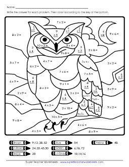 Multiplication Owl Mystery Picture Worksheet