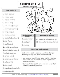 Spelling Word List (F-12) Spelling F Worksheet