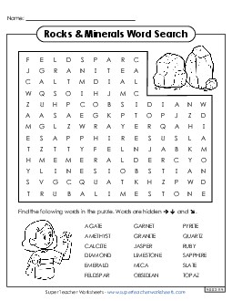 Rocks and Minerals Word Search Wordsearch Worksheet