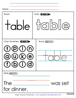 Worksheet 1: Table Sight Words Individual Worksheet