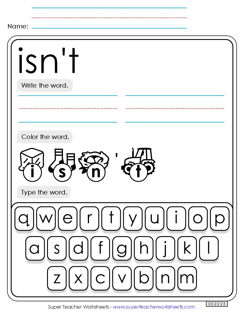 Write, Color, Type: Isn\'t Sight Words Individual Worksheet