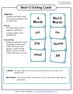 Word Sorting Cards (Short O) Phonics Long Short O Worksheet