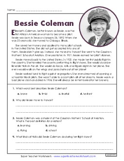 Bessie Coleman (Short Passage) 4th Grade Reading Comprehension Reading Comp Short Worksheet