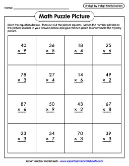 2-Digit by 1-Digit Multiplication: Match Puzzle Picture (Fireplace Scene) Christmas Worksheet