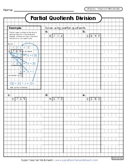 Partial Quotients (Graph Paper) 3-Digit by 1-Digit Division (with Remainders) Worksheet