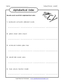 Alphabetical Order Groups (C-School Words)  Spelling C Worksheet