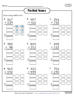 New 3-Digit Partial Sums Addition Spanish Worksheet