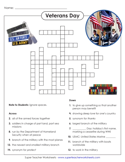 New Veterans Day Crossword Puzzle Worksheet
