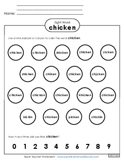 Dab or Color: Chicken Free Sight Words Individual Worksheet