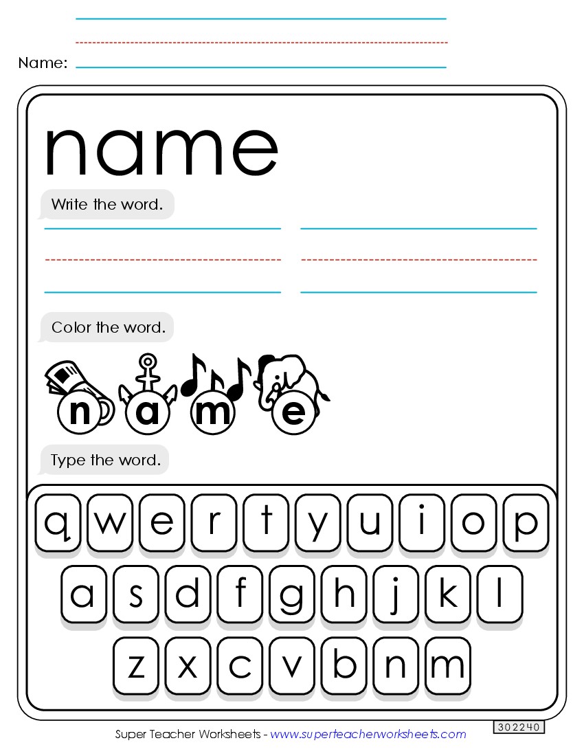 Write, Color, Type: Name Sight Words Individual Worksheet