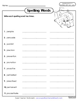 Write Words Twice (F-17) Spelling F Worksheet