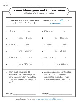 Linear Measurement Conversions (mm, cm, m) 4th Grade Math Worksheet