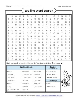 Word Search (E-15) Spelling E Worksheet