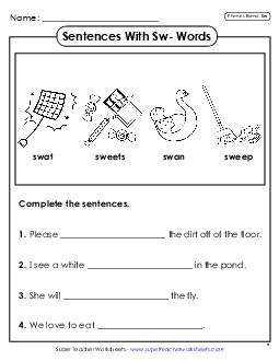 Phonics Blends: Sentences with SW Words Worksheet