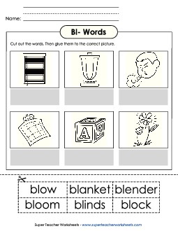 Cut and Glue (Bl- Words)  Phonics Blends Worksheet