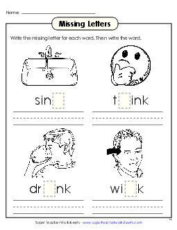 Missing Letters (-ink) Word Families Worksheet