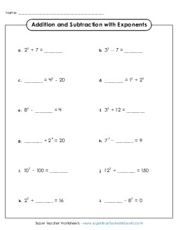 Addition & Subtraction with Exponents Worksheet