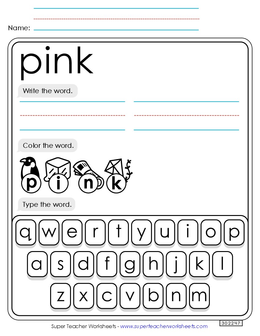 Write, Color, Type: Pink Sight Words Individual Worksheet