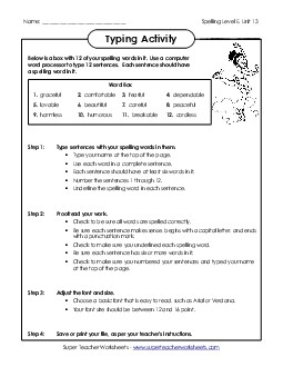 Typing Sentences (E-13) Spelling E Worksheet