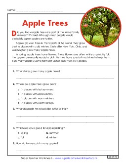 Apple Trees (Short Nature Article) Free 3rd Grade Reading Comprehension ELA Worksheet