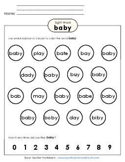 Dab or Color: Baby Sight Words Individual Worksheet