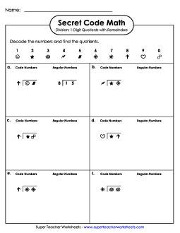 Secret Code Math 1-Digit Quotients w/ Remainders Division Worksheet