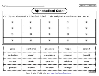 Alphabetical Order: Cut-Glue (Thanksgiving) Spelling F Worksheet