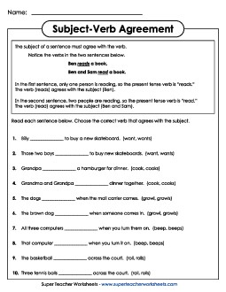 Subject-Verb Agreement 3rd Grade ELA Worksheet