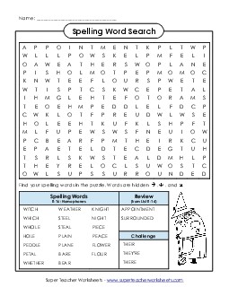 Word Search (E-16) Spelling E Worksheet