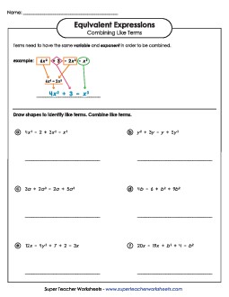 Combining Like Terms (Advanced #1) Expressions Equivalent Worksheet