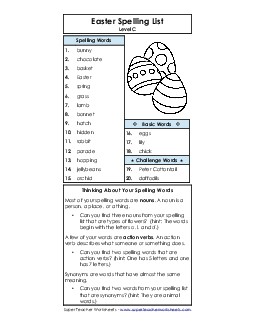 Easter Spelling List (C-Easter)  Spelling C Worksheet