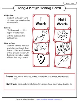 Picture Sorting Cards: (Long I Words) Phonics Long Short I Worksheet