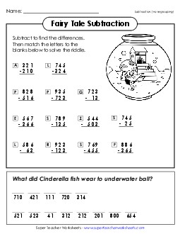 Cinderella Fish (3-Digit Subtraction; No Borrowing) Worksheet