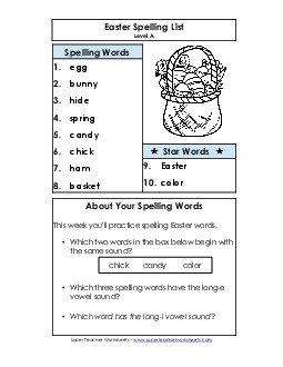 Spelling List (A-Easter) Free Spelling A Worksheet