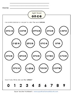 Dab or Color: Once Sight Words Individual Worksheet