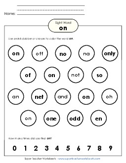 Dab or Color: On Sight Words Individual Worksheet