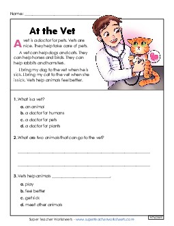 At the Vet (Short Nonfiction) 1st Grade Reading Comprehension 1st Grade ELA Worksheet