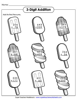 3 - Digit Addition Popsicles Summer Worksheet