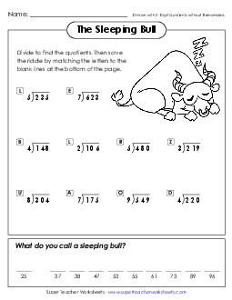 Math Riddle: Sleeping Bull (No Remainders) Division Worksheet