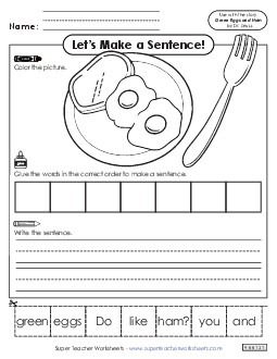 Build-a-Sentence Picture Book Green Eggs And Ham Worksheet