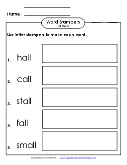 Letter Stampers Activity (-all Words) Word Families Worksheet