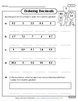 Ordering Numbers (Tenths) Place Value Worksheet