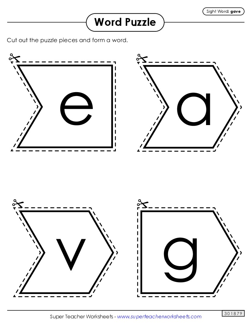 Word Puzzle: Gave Sight Words Individual Worksheet