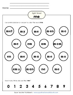 Dab or Color: Me Sight Words Individual Worksheet